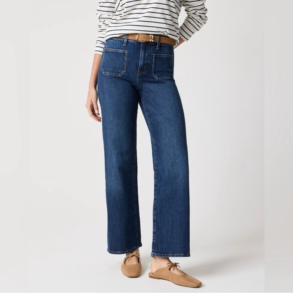 J. Crew Dark Blue Denim Full Length Slim Wide Leg High Waisted Jeans